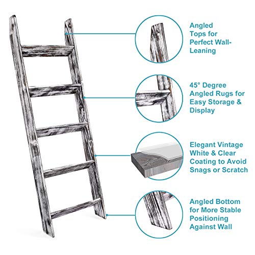 N\A Blanket Ladder - 4.5 Ft Wood Rustic Decorative Quilt Ladder Stand, Wall-Leaning White Vintage Wooden Throw Blanket Rack Holder