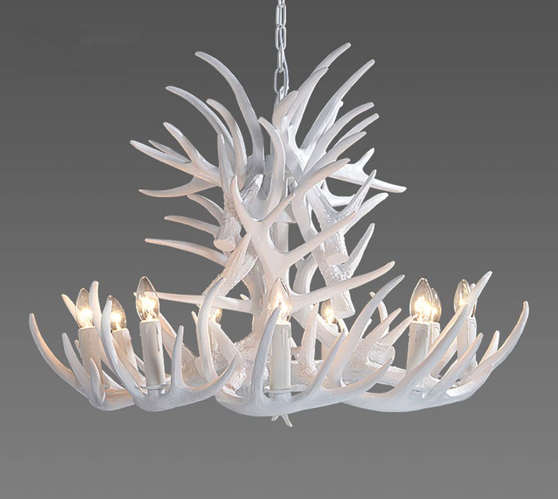 KXEcoLife White Antler Chandelier, Rustic Deer Horn Chandelier Lighting Classic Candle Style, Cabin Vintage Large Pendant Lamp 9 Lights 18 Arms, Faux Hanging Ceiling Light