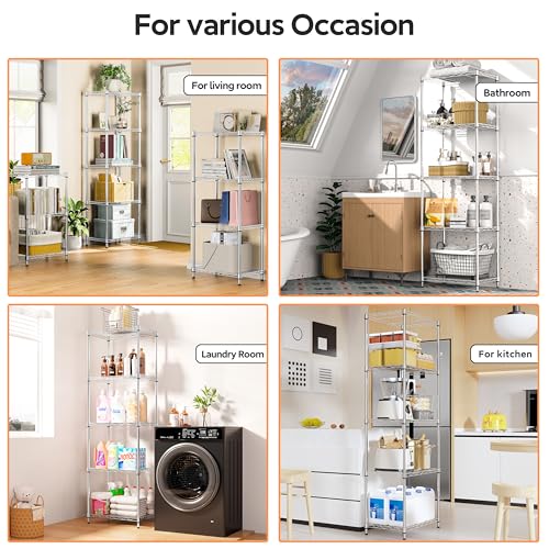 Image of M MZG 5 Tiers Shelf Metal Storage Shelves Wire Rack Closet Organizers with Wheel for Garage Kitchen Bathroom Laundry Chrome 11.8 inch D x 17.7 inch W x 55 inch H