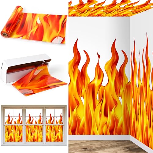 Image of Kochorie 100 Ft x 54 Inch Halloween Flame Party Tablecloth Roll with Cutter Box Waterproof Plastic Fake Fire Table Cover for Halloween Campfire Party Supplies Decorations