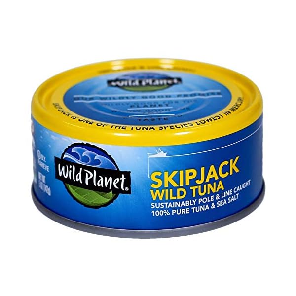 Wild-Planet-Skipjack-Wild-Tuna-Sea-Salt-Keto-and-Paleo-3rd-Party-Mercury-Tested-5-Ounce-Pack-of-12 Wild Planet Skipjack Wild Tuna, Sea Salt, Canned Tuna, Pole & Line Sustainably Wild-Caught, Non-GMO, Kosher, 5 Ounce Can (Pack of 12)