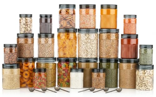 Image of pet Food Storage Containers Set with Airtight Lids, Kitchen Organisation Jars for Pasta, Spices, Dry Goods, Stackable (24 Pcs BLACK)