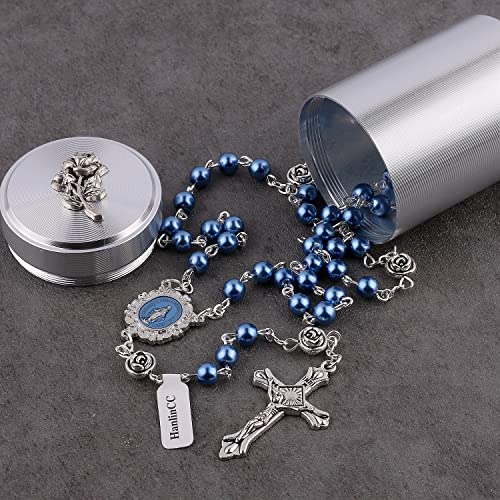 HanlinCC 6mm Glass Pearl Beads with Rose Flower Our Father Beads Miraculous Catholic Rosary Necklace with Rose Metal Catholic Gift Box for Men and Women4