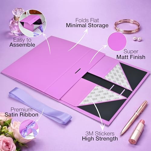 Image of RBS - Foldable Gift Box with Ribbon 23 x 16 x 10cm Gift Boxes for Packaging (1 Pack) Multi-Purpose Gift Boxes for Presents Reuse Gift Packing Box Decorative Hamper Box (Lavender Lyric)