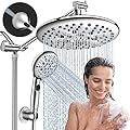 FEELSO Shower Heads with Handheld Spray Combo with ON/OFF Pause Switch, 10" High Pressure Rain 7 Settings Showerhead with 11" Adjustable Extension Arm, 9 Functions Anti-clog Handle Set with Power Wash