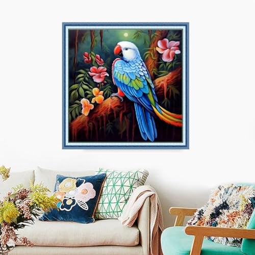 Image of Foxdiviy Stamped Cross Stitch Kits Full Range of Embroidery Needlework Starter Kits for Beginners Adults 11CT Embroidery Patterns Art Crafts DIY Needlepoint Kits-Parrot Flowers 18x18 inch
