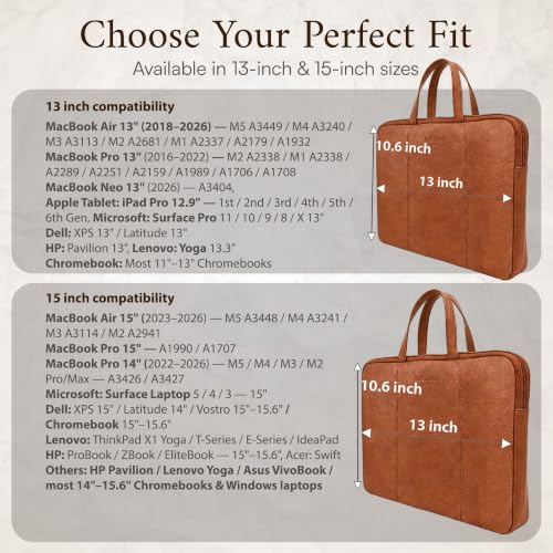 Image of ALLEN & MATE 100% Leather Laptop Case 13 Inch Laptop Sleeve fits MacBook Neo /Air /Pro 13 Inch with M5 /M4 /M3 /M2 /M1, Dell, HP, Lenovo, Chromebook 11-13 inch Computer Bag Zip Pocket - Tan