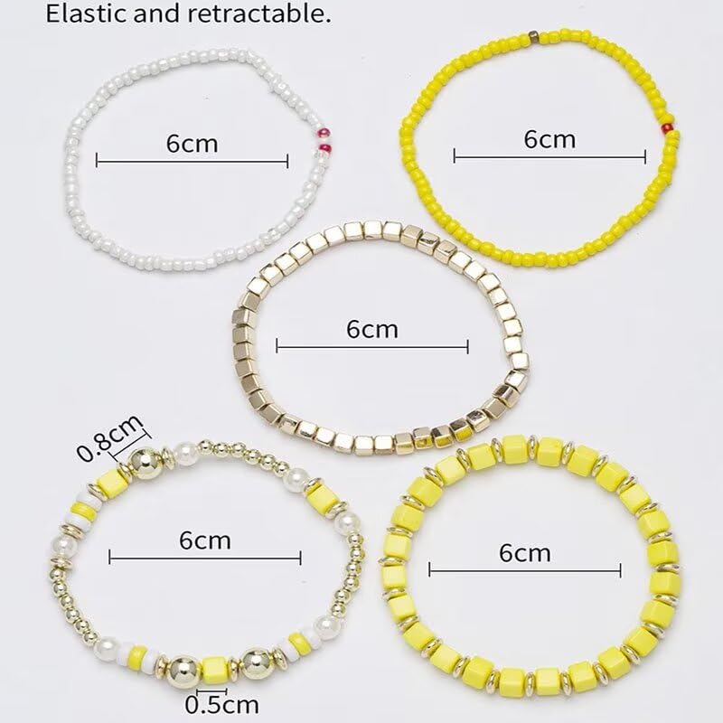 Colorful Layered Boho Bracelet for Women Yellow Black White Beaded Bracelet Set Statement Stretch Bracelet Birthday Party Friendship Jewelry3