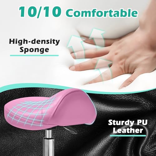 Image of Saddle Stool Chair with Wheels, Ergonomic Thicker Saddle Seat Design for Healthy Sitting Posture, PU Leather, Rolling Saddle Stool with Silent Rubber Wheels Adjustable for Salon Massage Home, Pink