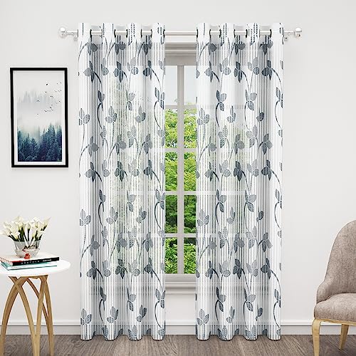 Image of Curtains 7 feet Long Set of 10 | Grey & White Transparent Sheer Curtain | Room Decoration Items for Bedroom | 215 x 118 cm | Leaf Design Door Curtain | | Perfect for Home Decor