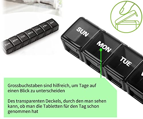 Pillendoos, 7 dagen, grote vakken, pillendoos, medicijnbox, pillendoos, 1 week, medicijnbox, supplementbox, reistabletten, boxen, voedingssupplementen, tablettensorteerder, zwart - Afbeelding 5