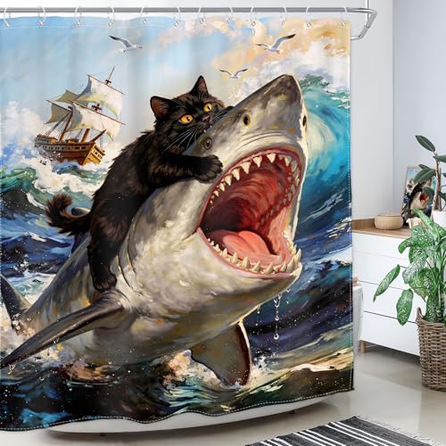 Image of Funny Black Cat Shower Curtain Riding Shark 60Wx72H Inch Decor