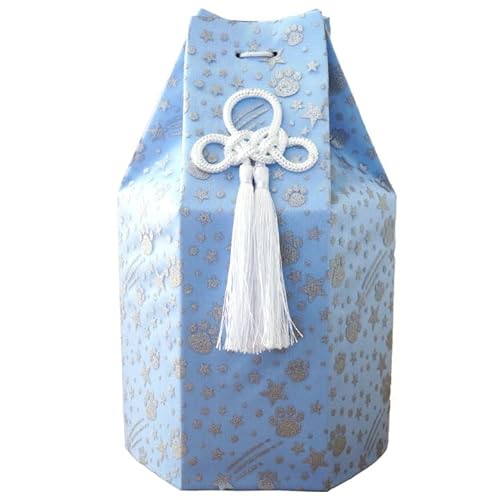 ペット骨袋 骨壷カバー 骨壺カバー 六角オーガンジー 足あと (ブルー, 4寸)