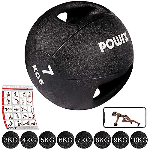 POWRX - Balón Medicinal con Asas 7 kg + PDF Workout (Negro)