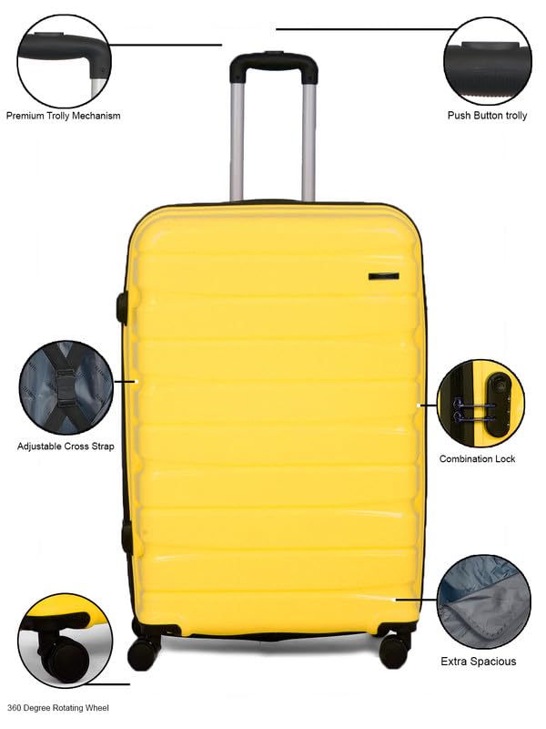 Image of Teakwood 8 Wheel Set of 3 Trolley Bag, Hard Cabin with Zipper Closure, Adjustable Push Button & Cross Side Strap, TSA Lock System 360 Degree (Small-Medium-Large, Yellow)