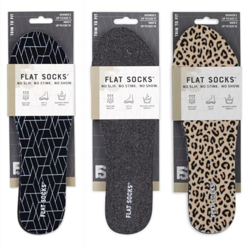 FLAT SOCKS 3 Pack Washable No Show Sockless Shoe Liners, Barefoot Show Inserts for Women and Men, Non Slip, Odor Control, Black, Dark Heather Grey, Animal Print Leopard (Small)