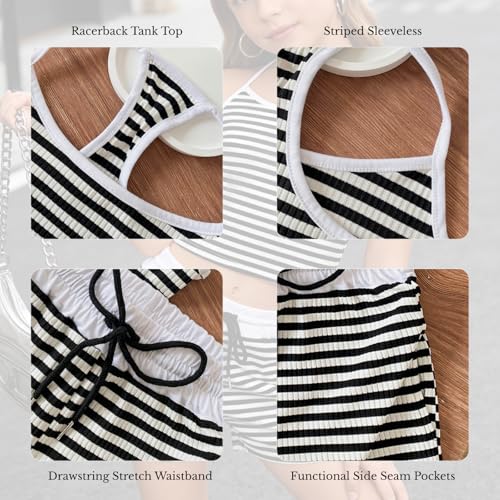Image of Size 7-14Y Girls Clothes 2 Piece Outfits Striped Tank Top Drawstring Shorts Teen Girls Summer Clothing Sets