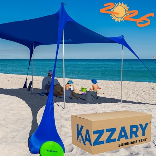 KAZZARY Beach Tent, UPF50+ 7.5x7 ft Sun Shade Canopy with Sandbags, 4 Stability Poles, Ground Pegs, Flying Disc Sand Shovel. Lightweight Sunshade Shelter, 7ft Tall for Camping Outdoor Trips and Sports