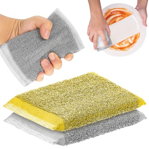 Image of Thyle 2 Pack Steel Wool Scrubber Kitchen Sponges, Heavy Duty Non Scratch Metal Sponges, Reusable Cleaning Scrub Pads for Dishes, Pots, Pans, Sink and Tough Hard Stains (Gray,Yellow)