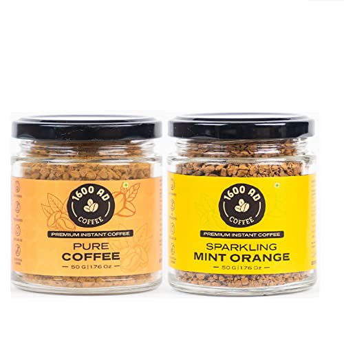 Image of 1600AD Premium Instant freeze Dried Coffee to enlighten every mood of life Pure Coffee + Sparkling Mint Orange Coffee (Pack of 2) 50 grams each