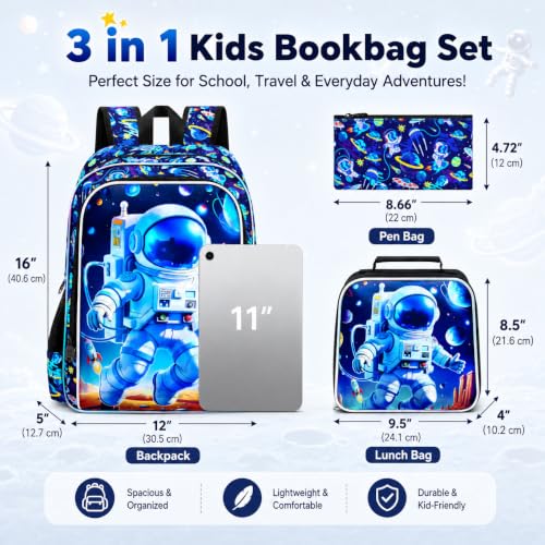 Image of AGSDON 3PCS Astronaut Backpack for Boys, 16 inch Little Kids Preschool Bookbag, Elementary Backpacks and Lunch Box - Blue