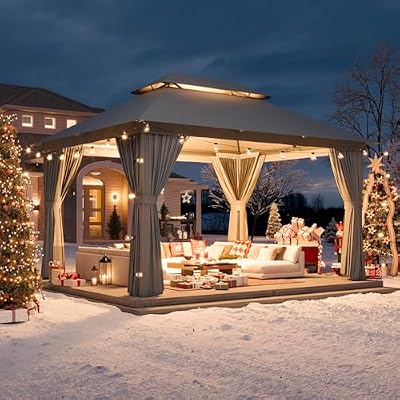 Aoxun 12x10 Gazebo Metal Frame Canopy with Light, Gray