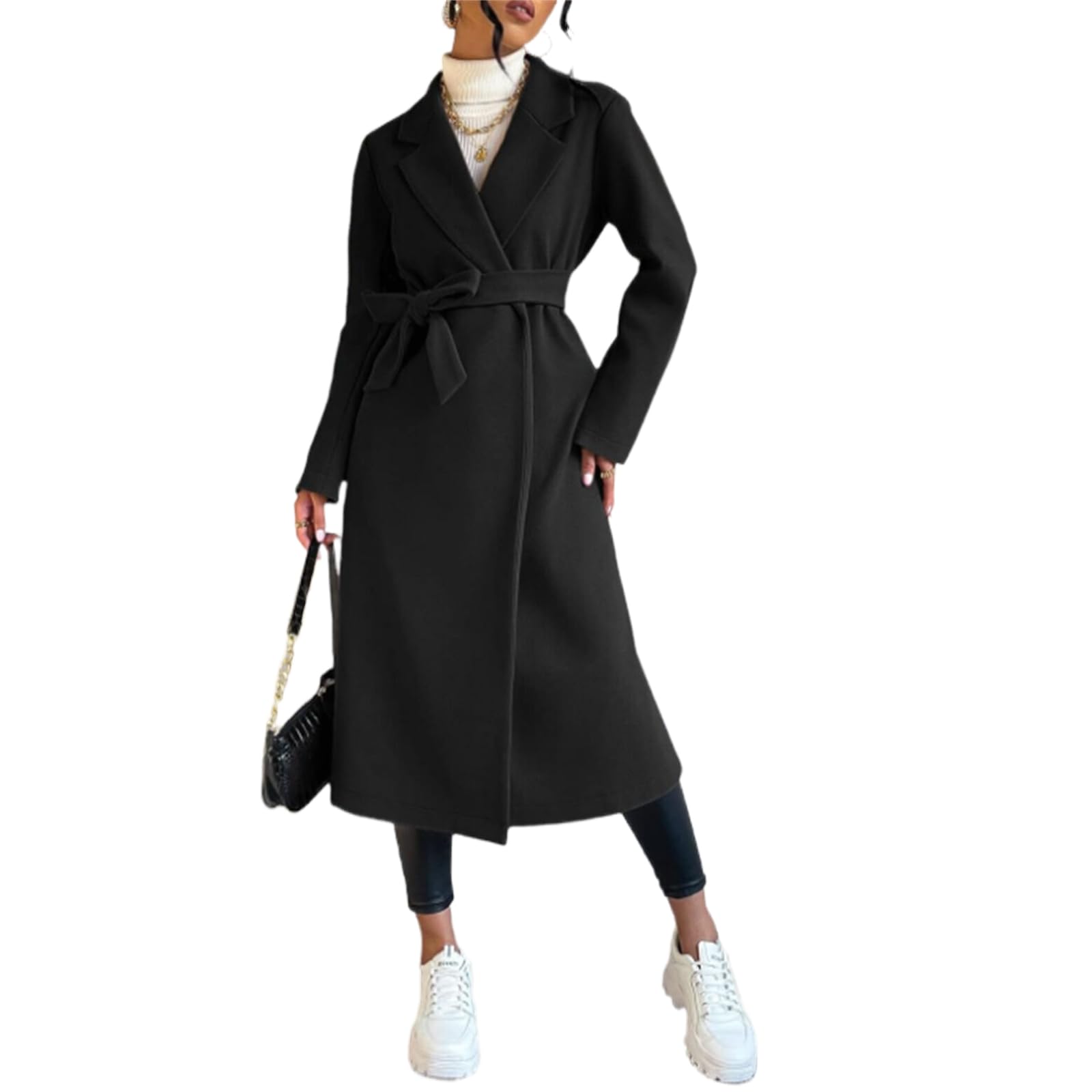 Womens Pea Coat Jackets Elegant Notched Lapel Collar Trench Coat Winter Wool Blend Split Hem Belted Overcoat Long Jackets L