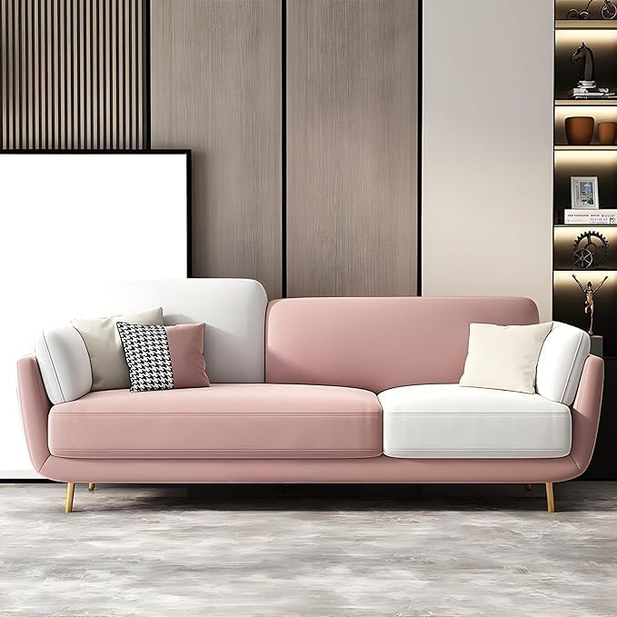 Image of Modern & Luxury Cushioned Couch Relax sectional Sofa in Fabric & Velvet and Heavy Duty Sofa Ideal for bedrooms, Living Rooms, Guest Rooms, Homes, and Office-(3 Seater Pink & Beige).