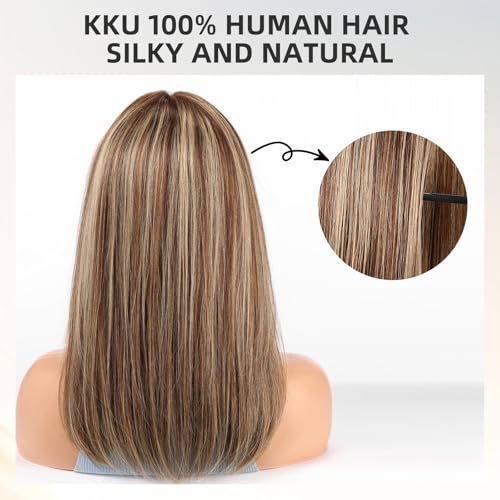Image of KKU 16 Inch Brown Mixed Blonde Human Hair Wig,Human Hair Wigs,Human Hair Wig With Bangs, Lady Wigs Human Hair, Real Hair Wigs For Women