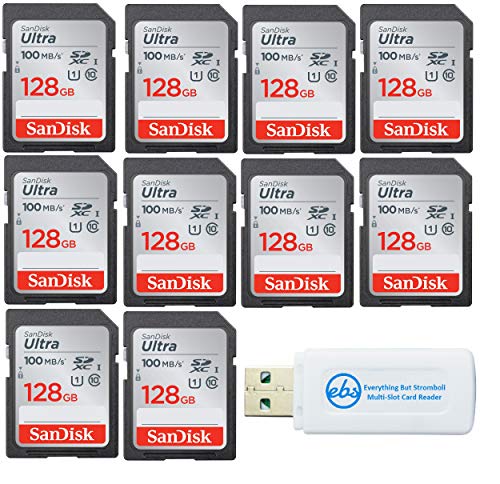SanDisk 128GB Ultra - 10 Pack UHS-I Class 10 SD Flash Memory Card Retail (SDSDUNR-128G-GN6IN) - Bundle with (1) Everything But Stromboli Combo Card Reader