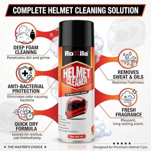 Image of Roxila Quick-Dry Helmet Cleaner Spray, 400 ml, Anti-Bacterial Foaming Formula | Deep Cleaning & Odor Removal | Safe for Skin & Hair | Prolongs Helmet Lifespan | Fresh Fragrance