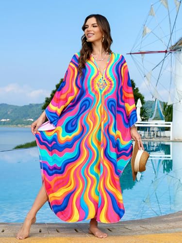 Image of IMAGEKOPE Women's Plus Size Animal Print V-Neck Batwing Kaftan Beach Dress Bathing Suit Cover-Up Loungewear