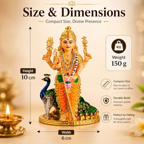 Image of Murugan Statue for Car Dashboard | Premium Hand-Painted Vel & Peacock Design | Murugan Car Dashboard Idol for Car, Office, Housewarming & Return Gifts | Multicolor