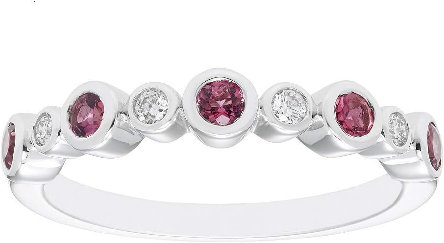 .925 Sterling Silver 1/12 Cttw Diamond-Accented Natural Pink Tourmaline Birthstone 9-Stone Bezel-Set Stacking Ring (I-J Color, I2-I3 Clarity) - Size 9