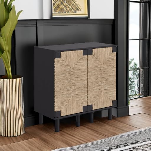 Image of Nathan James Beacon Accent Natural Sideboard Storage Cabinet TV Stand in Wire-Brushed Wood with Adjustable Interior Shelf and Seagrass Doors, for Hallway, Entryway or Dining Room, Black, Set of 2