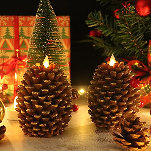 Image of Christmas Pine Cones Flameless Candle Battery Operated with Timer Brown | Real Wax, 2 Pack LED Pillar Candle for Winter Holiday Decoration, 3.5 inchx4.7 inch