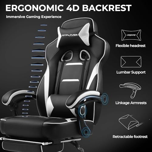 GTPLAYER Gaming Chair with Footrest, Big and Tall Game Chair 350lb Racing Style Computer Chair, Ergonomic Executive Office Chair High Back with Lumbar Support and Recliner, White