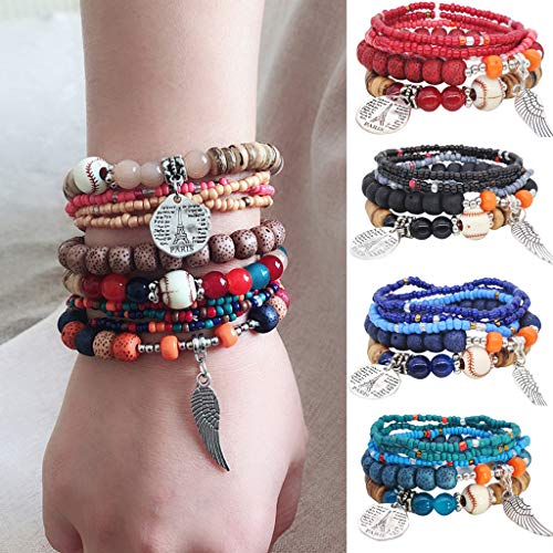 pangxiannv Bead Multi Layer Versatile Statement Bracelets - Stackable Beaded Strand Stretch Bangles Sparkly Crystal Mix, Tassel Charm