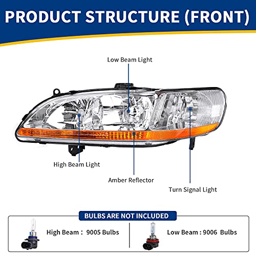 AUTOSAVER88 Headlight Assembly Compatible with 1998 1999 2000 2001 2002 Accord Headlamp Replacement Chrome Housing Amber Reflector by AUTOSAVER88 - Image 2