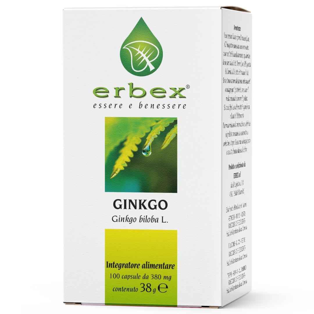 ERBEX - Integratore Ginkgo Biloba Vegano Forte per Prevenire Invecchiamento, Azione Antiossidante, Aiuto Naturale per Memoria e Funzioni Cognitive Ginkgo Biloba in Capsule