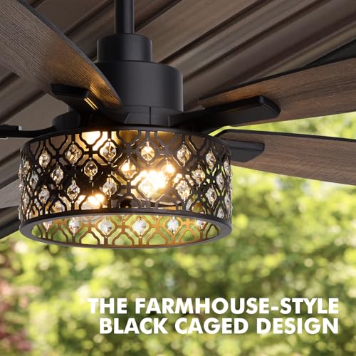 Image of 52 Inch Farmhouse Ceiling Fan with Lights and Remote, 5 Blades Double-color Finish, Quiet & Reversible DC Motor, Crystal Caged Ceiling Fan for Bedroom Living Room Kitchen Outdoor Covered Patio