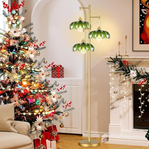 Image of ZECOXOL Gold Floor Lamps for Living Room Bedroom-3 Light Glass Floor Lamp with Three Led Bulb,Mid Century Standing Lamp Vintage Brass Tall Lamp Tree Floor Lamp for Bedroom Corner