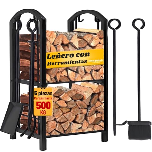 Amagabeli Estante para leña de Chimenea Estante de registro con 4 Herramientas Estante de Estufa de para Titular de Registro Conjunto Negro