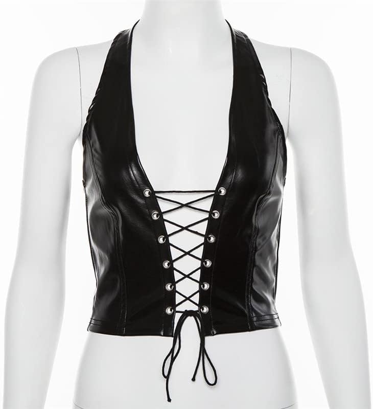 Women Sexy PU Leather Crop Tops Backless Halter Lace-Up Tanks Sleeveless Camisole - Image 4