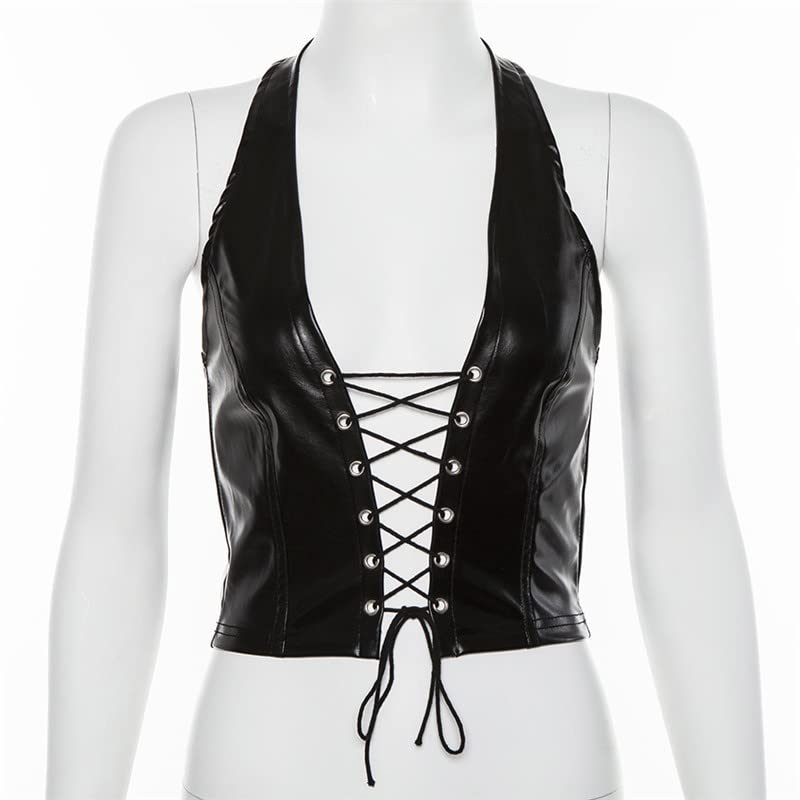 Women's Sexy PU Leather Crop Tank Top Backless Halter Lace-Up Tanks Sleeveless Camisole4