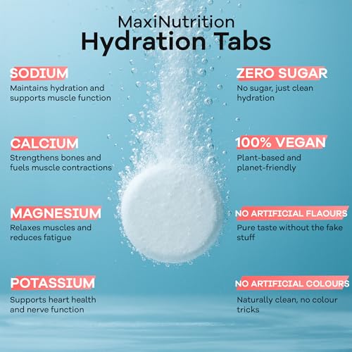 MaxiNutrition - Hydration Tabs Fresa - Paquete de 6 Tabletas de Electrolitos - Bebida Refrescante Recuperadora, Repone el Equilibrio Mineral, Sin Azúcar, Vegano y sin Sbores Artificiales.