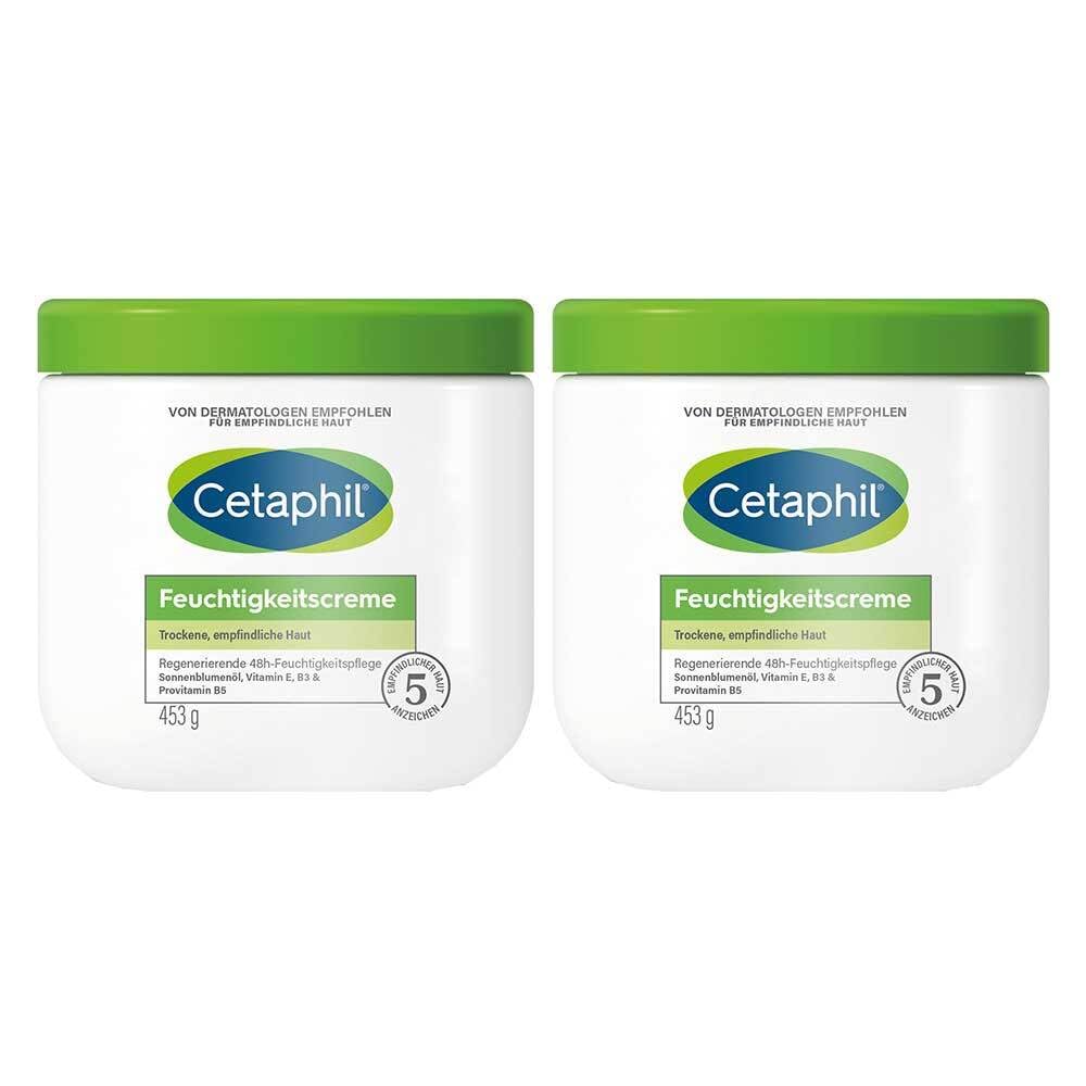 CETAPHIL Feuchtigkeitscreme, 2x453g, Für trockene, empfindliche Haut, Spendet intensiv 48h Feuchtigkeit und stärkt die Widerstandskraft, Mit Vit B3, Provitamin B5, Sonnenblumenöl, Mandelöl, Glycerin