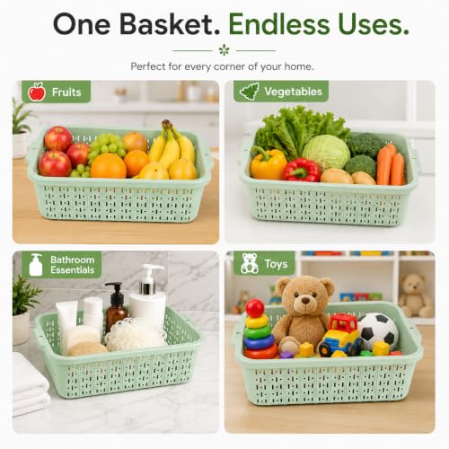 Image of ARICO Plastic Storage Basket with Handles | Multipurpose Ventilated Organizer Bin for Kitchen, Pantry, Refrigerator, Fruits, Vegetables, Bathroom, Wardrobe & Cabinet Storage | Mint Green