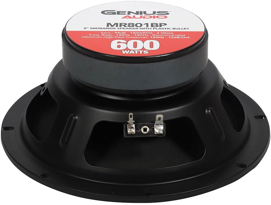 Genius Audio MR801BP 8" Midrange Speaker 1.5" Vc - 600 Watts - 300 Watts Max - Car Audio Speaker 4 Ohm - Plastic Bullet