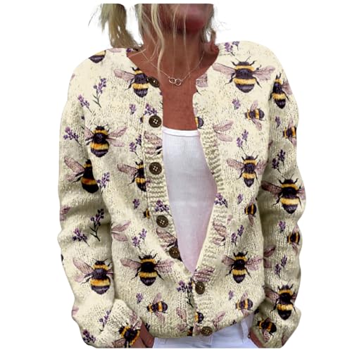 MARSVOVO Cardigan for Women Novelty Print Long Sleeve Open Front Button Down Knit Coat Fall Winter Knitted Outerwear